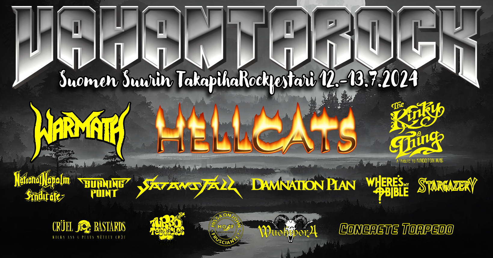 Vahanta Rock -juliste, jossa esiintyvien bändien nimet (Hellcats, Warmath, The Kinky Thing...) ja tapahtumatiedot 12.-13.7.2024.