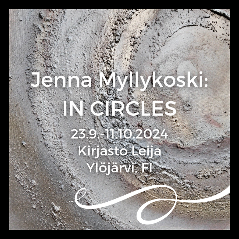 Jenna Myllykoski: In Circles, 23.9.-11.10.2024, Kirjasto Leija. Vahvalla hopeasävyisellä värillä tehty pyörteinen maalaus.