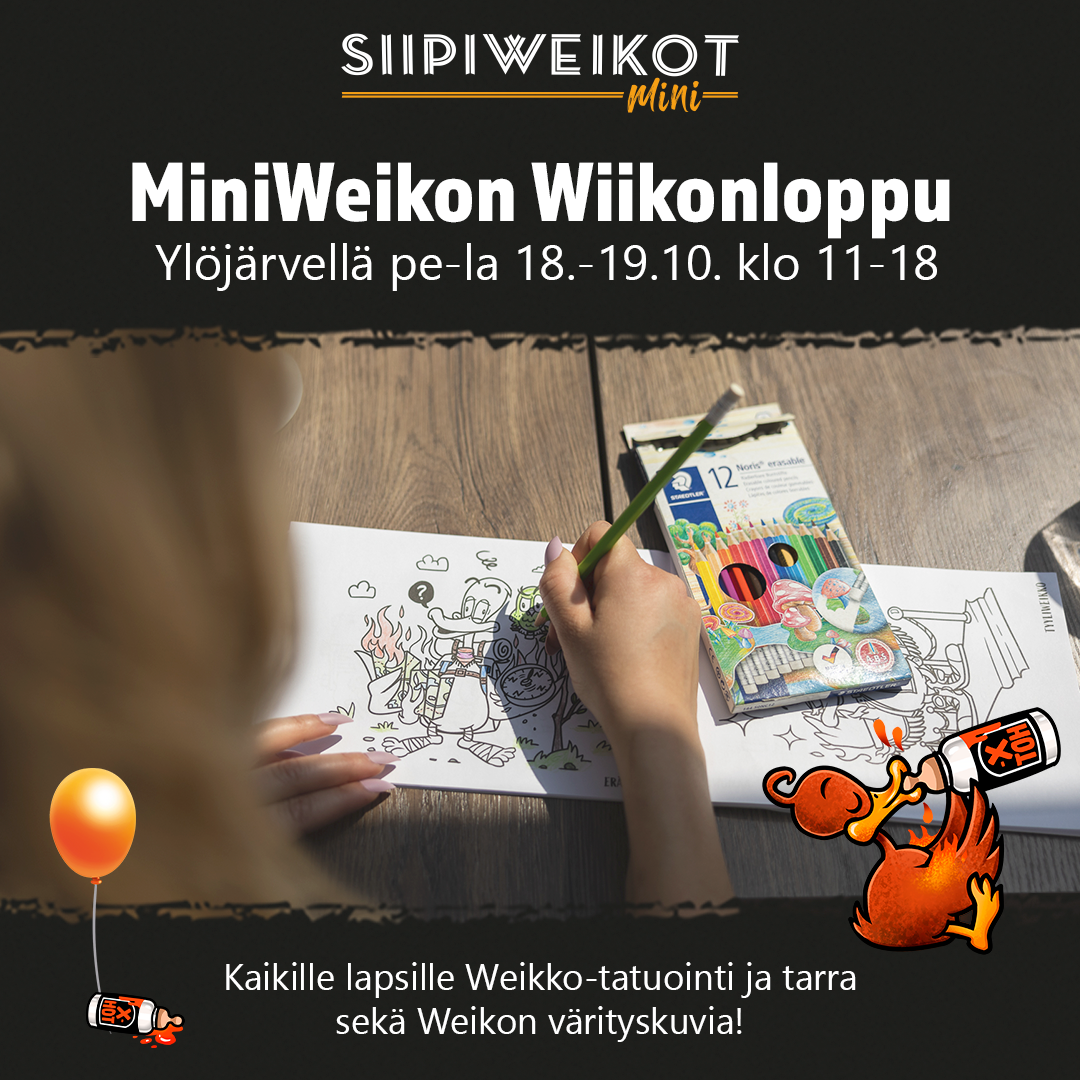 Lapsi värittää värityskuvia puuväreillä. MiniWeikon Wiikonloppu 18.-19.10. klo 11-18, lapsille Weikko-tatuointi, tarra ja värityskuvia.