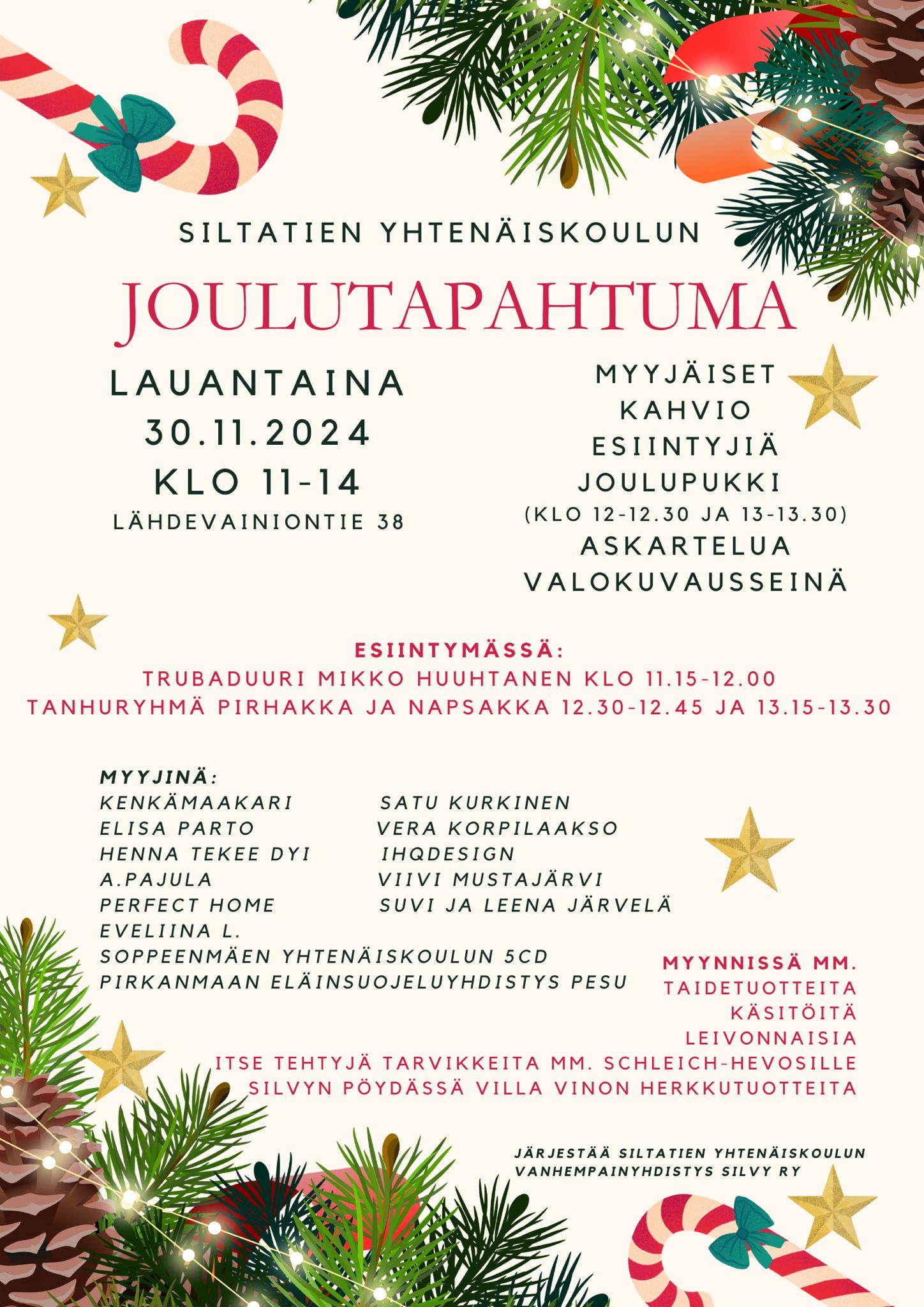 Havunoksia ja joulukoristeita. Joulutapahtuma Siltatien yhtenäiskoulussa 30.11.2024 klo 11-14.