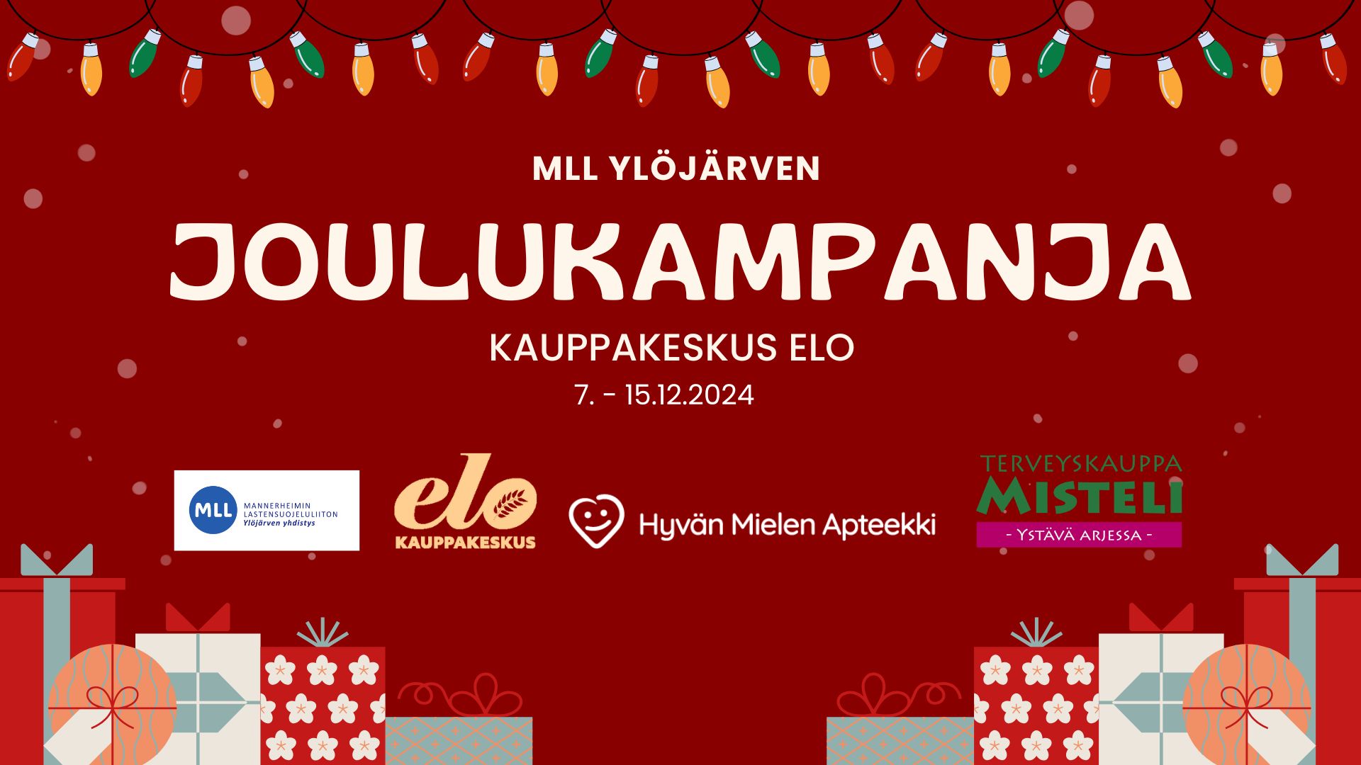 Jouluvaloja, lahjapaketteja. MLL Ylöjärven joulukampanja kauppakeskus Elo 7.-15.12.2024.