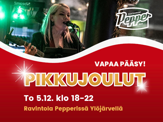 Henkilö laulaa mikrofoniin ja soittaa sähkökitaraa. Pikkujoulut 5.12.2024 klo 18-22 Ravintola Pepperissä Ylöjärvellä. Vapaa pääsy.