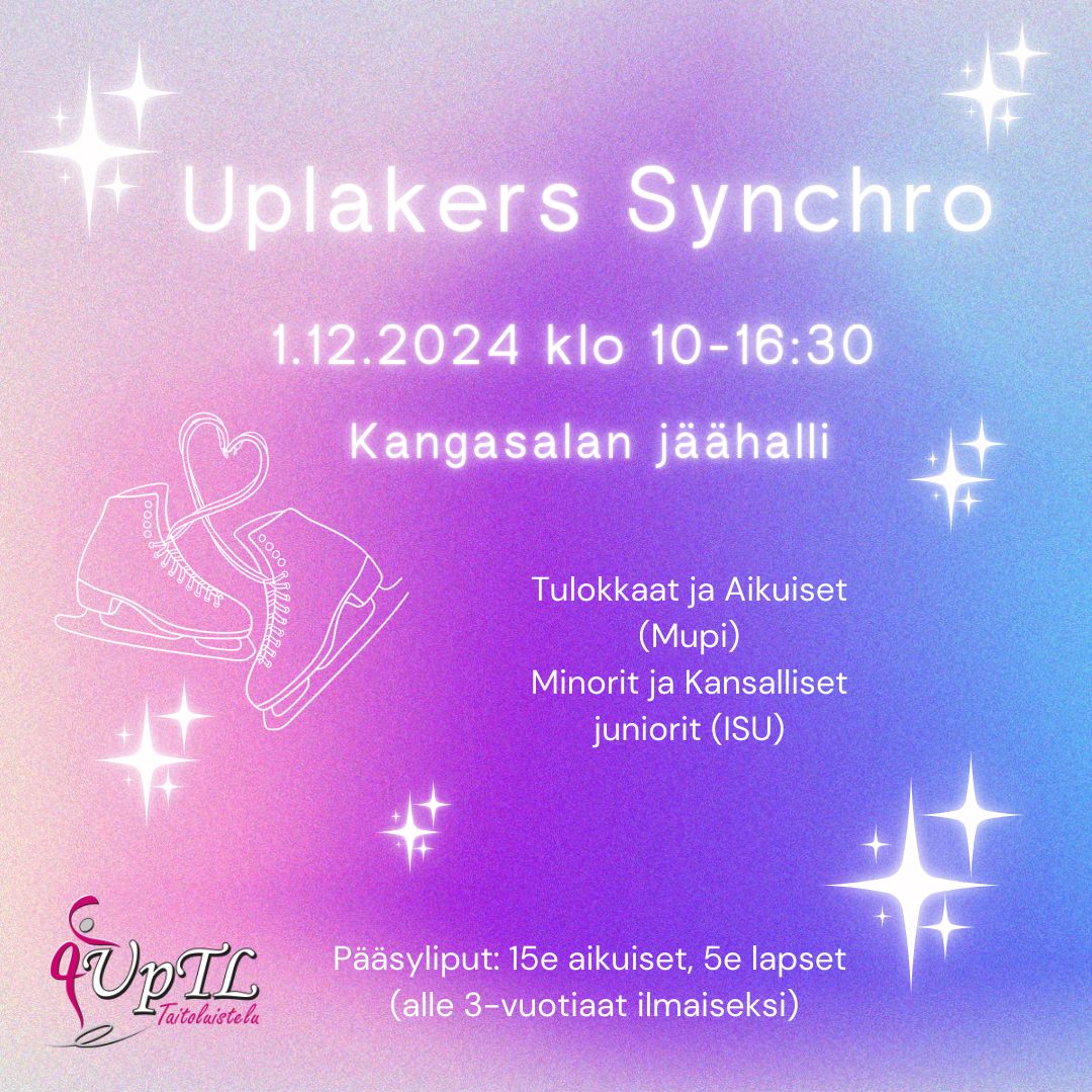 Luistimet, joiden nauhoista muodostuu sydän, tähtiä. Uplakers Synchro 1.12.2024 klo 10-16.30 Kangasalan jäähalli. Pääsyliput 15 € aikuiset, 5 € lapset (alle 3-vuotiaat ilmaiseksi).