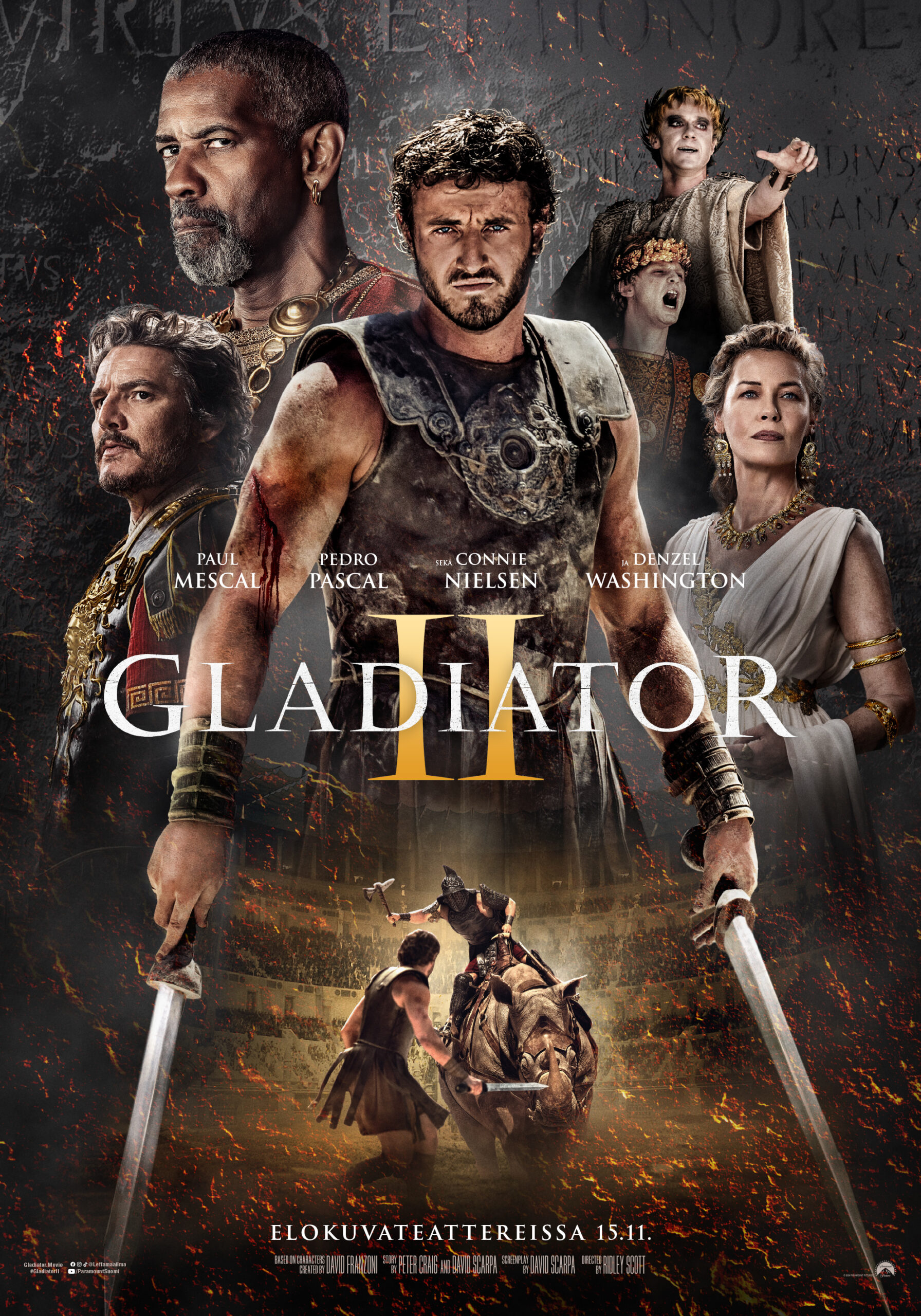 Gladiator II elokuvan juliste, ihmisiä roomalaisajan asusteissa. Pieni kuva colosseum-areenan gladiaattoritaistelusta.