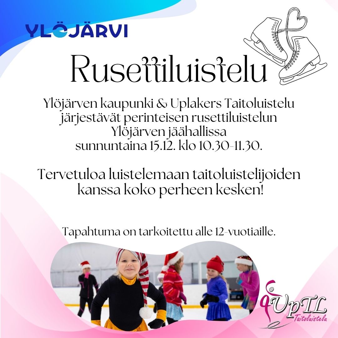 Lapsia luistelemassa tonttulakit päässä. Rusettiluistelu Ylöjärven jäähallissa 15.12. klo 10.30-11.30.