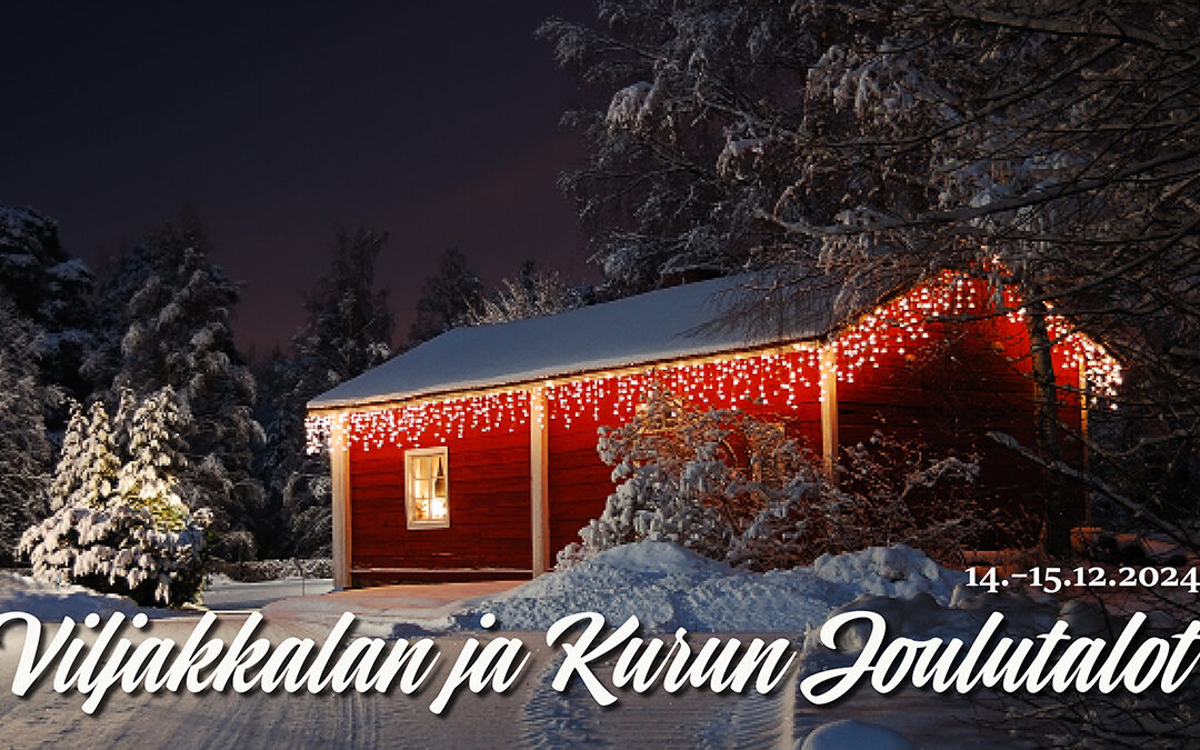 Luminen maisema, punainen hirsirakennus, jonka räystästä kiertävät jouluvalot.